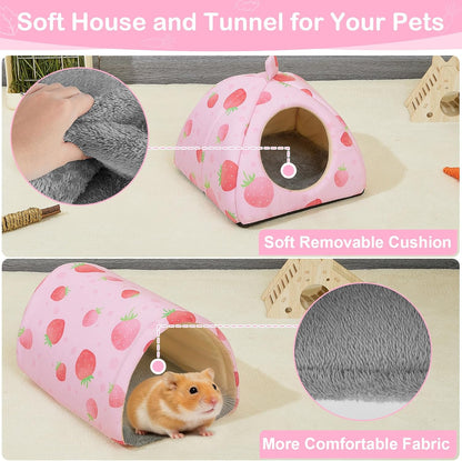 Guinea Pig Hideout, Washable Guinea Pig Tunnel Set, 2 Pack Guinea Pigs Toys Guinea Pigs Cage Accessories for Small Animal Mouse Hamster Hedgehogs Rats,Pink Strawberry
