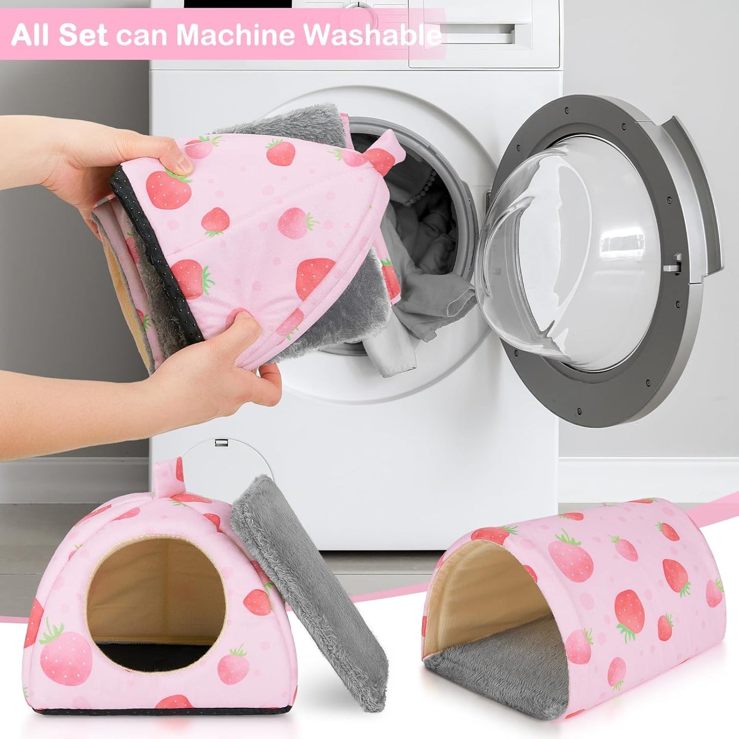 Guinea Pig Hideout, Washable Guinea Pig Tunnel Set, 2 Pack Guinea Pigs Toys Guinea Pigs Cage Accessories for Small Animal Mouse Hamster Hedgehogs Rats,Pink Strawberry