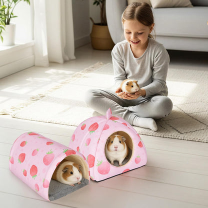 Guinea Pig Hideout, Washable Guinea Pig Tunnel Set, 2 Pack Guinea Pigs Toys Guinea Pigs Cage Accessories for Small Animal Mouse Hamster Hedgehogs Rats,Pink Strawberry