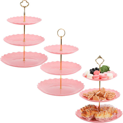 3 Pack 3 Tiers Pink Plastic Cupcake Stand Dessert Stand Tiered Serving Trays with 3 Styles Gold Rod, Party Serving Trays Fruit Pastry Holders for Wedding and Party - Heart and Flower Embossed