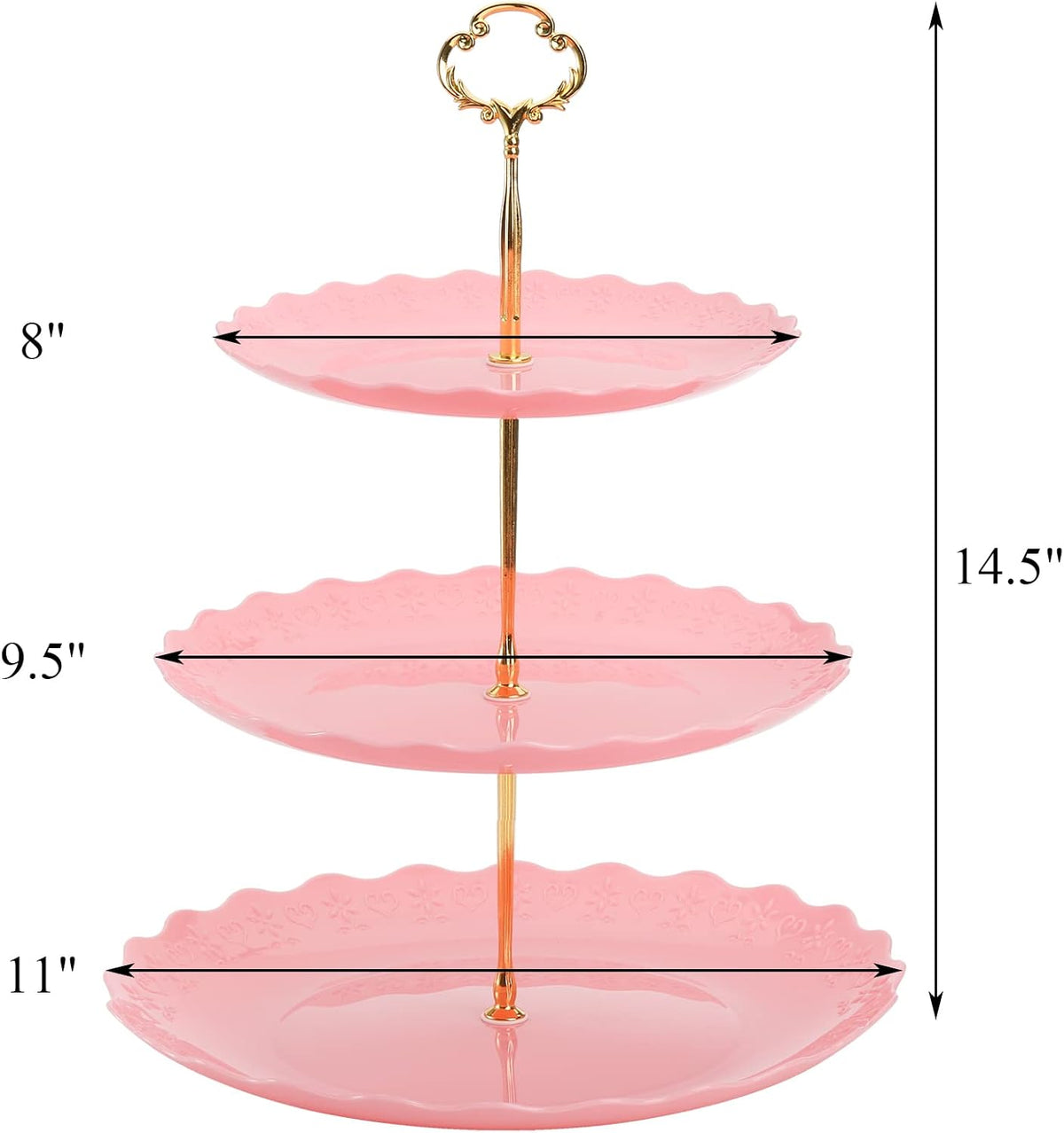 3 Pack 3 Tiers Pink Plastic Cupcake Stand Dessert Stand Tiered Serving Trays with 3 Styles Gold Rod, Party Serving Trays Fruit Pastry Holders for Wedding and Party - Heart and Flower Embossed
