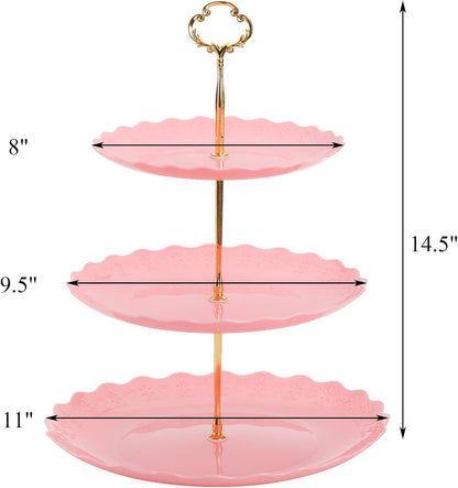 3 Pack 3 Tiers Pink Plastic Cupcake Stand Dessert Stand Tiered Serving Trays with 3 Styles Gold Rod, Party Serving Trays Fruit Pastry Holders for Wedding and Party - Heart and Flower Embossed
