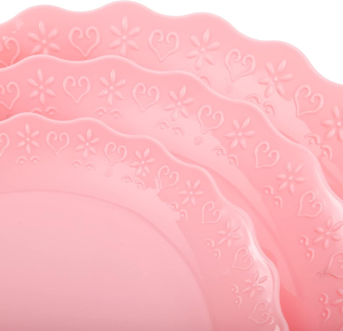 3 Pack 3 Tiers Pink Plastic Cupcake Stand Dessert Stand Tiered Serving Trays with 3 Styles Gold Rod, Party Serving Trays Fruit Pastry Holders for Wedding and Party - Heart and Flower Embossed