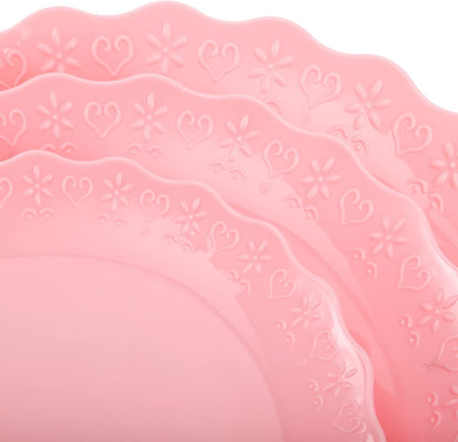 3 Pack 3 Tiers Pink Plastic Cupcake Stand Dessert Stand Tiered Serving Trays with 3 Styles Gold Rod, Party Serving Trays Fruit Pastry Holders for Wedding and Party - Heart and Flower Embossed