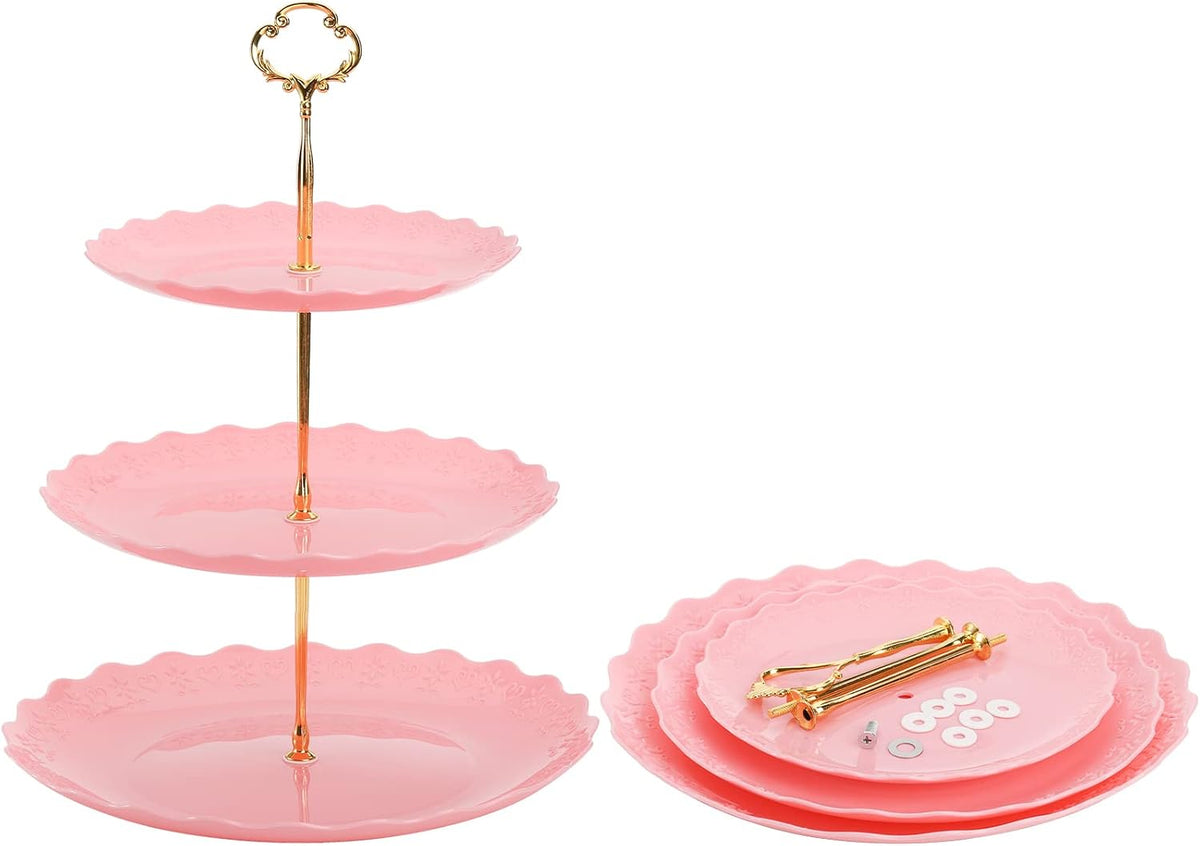 3 Pack 3 Tiers Pink Plastic Cupcake Stand Dessert Stand Tiered Serving Trays with 3 Styles Gold Rod, Party Serving Trays Fruit Pastry Holders for Wedding and Party - Heart and Flower Embossed