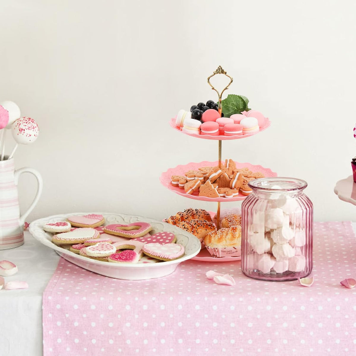 3 Pack 3 Tiers Pink Plastic Cupcake Stand Dessert Stand Tiered Serving Trays with 3 Styles Gold Rod, Party Serving Trays Fruit Pastry Holders for Wedding and Party - Heart and Flower Embossed