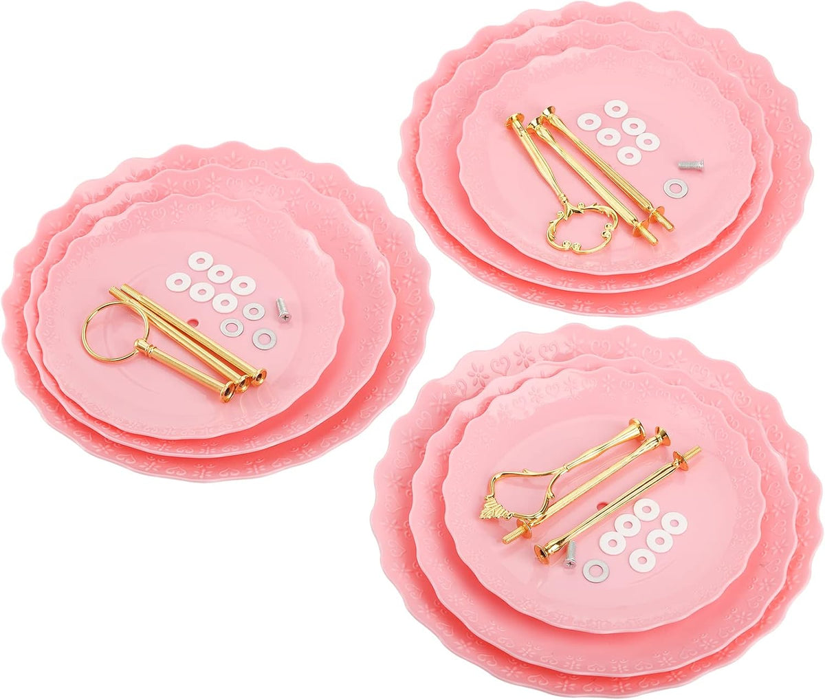 3 Pack 3 Tiers Pink Plastic Cupcake Stand Dessert Stand Tiered Serving Trays with 3 Styles Gold Rod, Party Serving Trays Fruit Pastry Holders for Wedding and Party - Heart and Flower Embossed