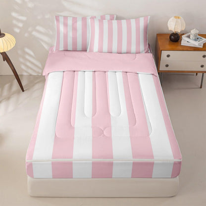 Modern Simple Pink Stripes Twin Size Zipper Bedding Sets,Modern Geometric Lines Kids Comforter Sets,Minimalist Complete Bedding Set,Pink Peach Bed in a Bag Set