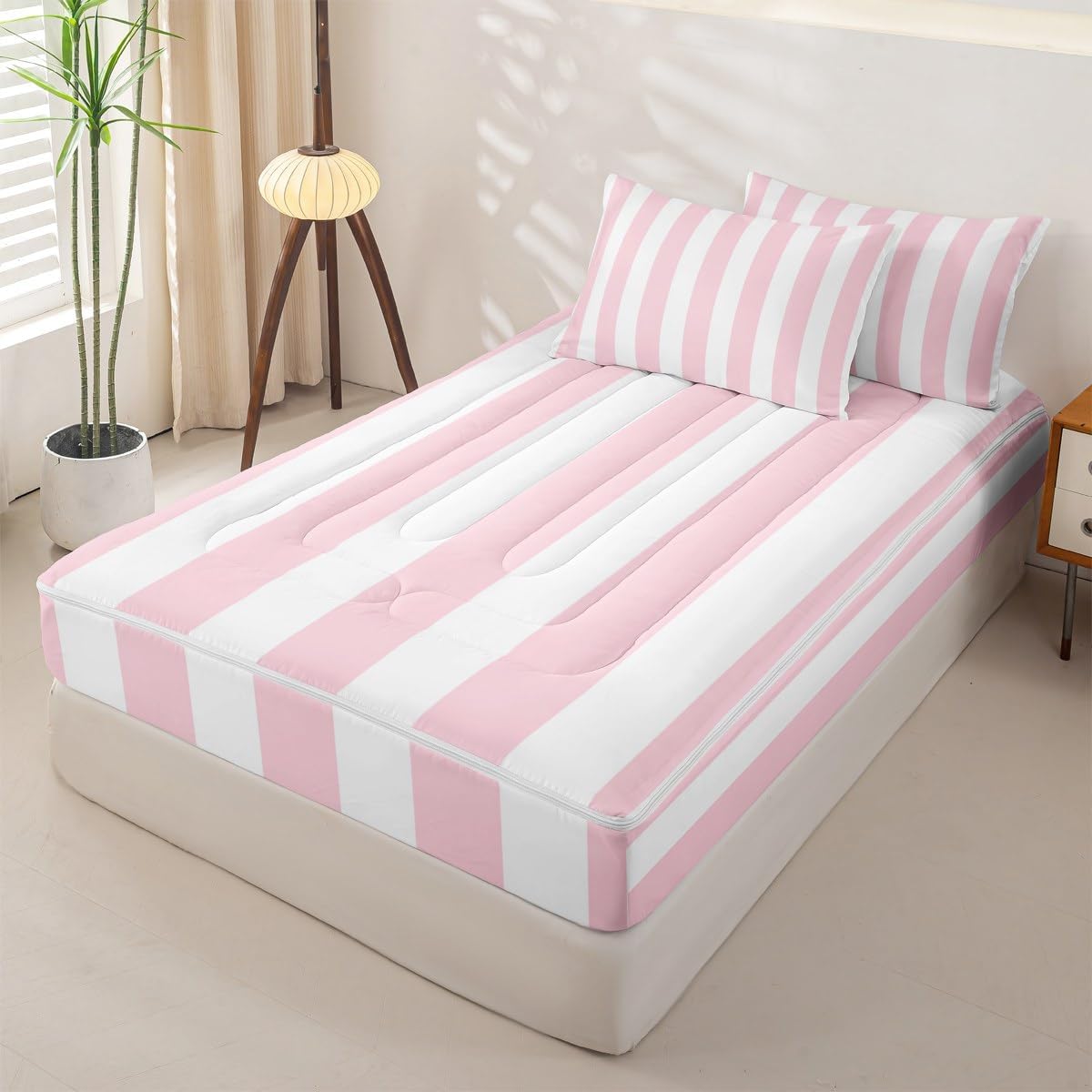 Modern Simple Pink Stripes Twin Size Zipper Bedding Sets,Modern Geometric Lines Kids Comforter Sets,Minimalist Complete Bedding Set,Pink Peach Bed in a Bag Set