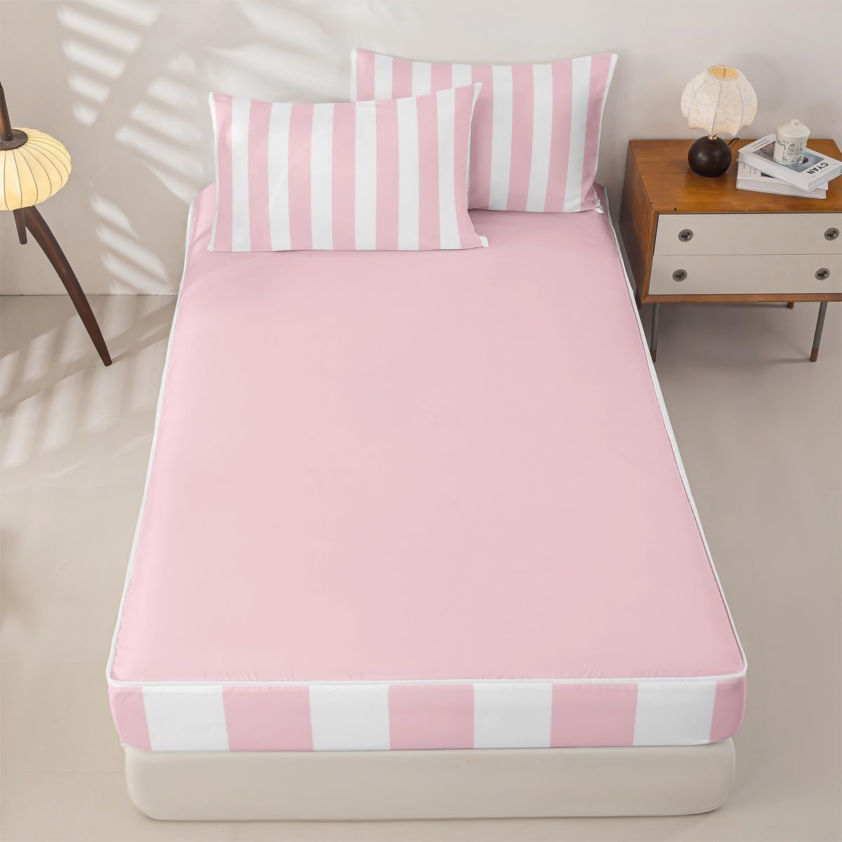 Modern Simple Pink Stripes Twin Size Zipper Bedding Sets,Modern Geometric Lines Kids Comforter Sets,Minimalist Complete Bedding Set,Pink Peach Bed in a Bag Set