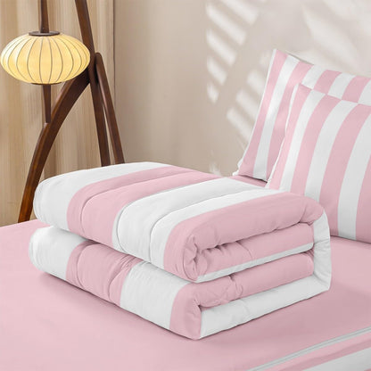 Modern Simple Pink Stripes Twin Size Zipper Bedding Sets,Modern Geometric Lines Kids Comforter Sets,Minimalist Complete Bedding Set,Pink Peach Bed in a Bag Set