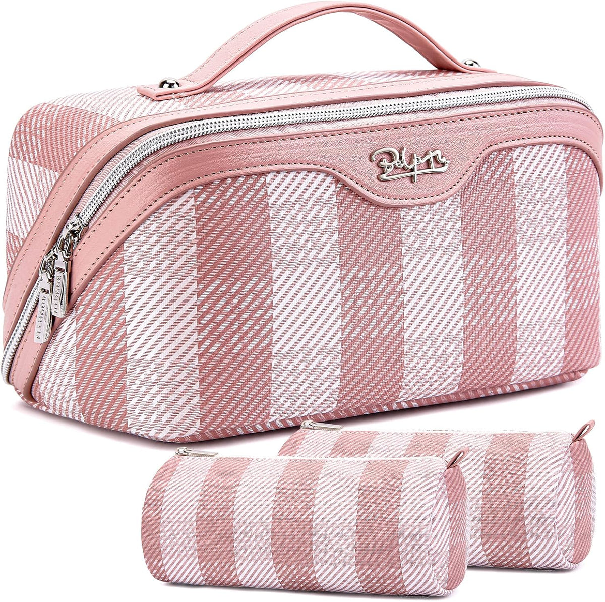 Travel Makeup Bag Organizer Cosmetic Bag: 3 Pcs Set Make up Bags for Women with Handle - Waterproof Vegan Leather Toiletry Bags Travel Essentials Pouch with Compartments (F-03-Pink)