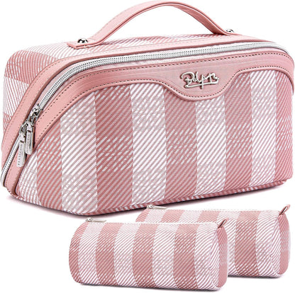 Travel Makeup Bag Organizer Cosmetic Bag: 3 Pcs Set Make up Bags for Women with Handle - Waterproof Vegan Leather Toiletry Bags Travel Essentials Pouch with Compartments (F-03-Pink)
