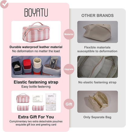 Travel Makeup Bag Organizer Cosmetic Bag: 3 Pcs Set Make up Bags for Women with Handle - Waterproof Vegan Leather Toiletry Bags Travel Essentials Pouch with Compartments (F-03-Pink)