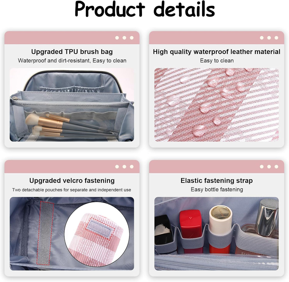 Travel Makeup Bag Organizer Cosmetic Bag: 3 Pcs Set Make up Bags for Women with Handle - Waterproof Vegan Leather Toiletry Bags Travel Essentials Pouch with Compartments (F-03-Pink)