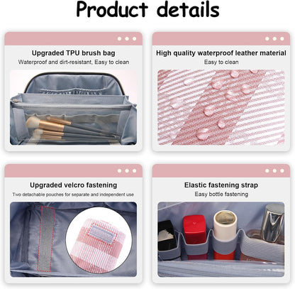 Travel Makeup Bag Organizer Cosmetic Bag: 3 Pcs Set Make up Bags for Women with Handle - Waterproof Vegan Leather Toiletry Bags Travel Essentials Pouch with Compartments (F-03-Pink)