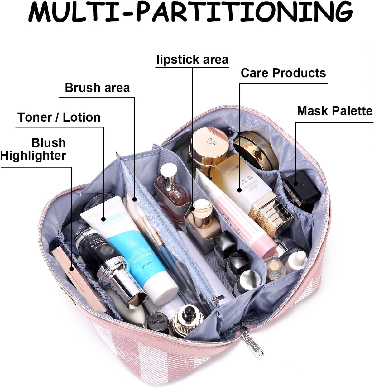 Travel Makeup Bag Organizer Cosmetic Bag: 3 Pcs Set Make up Bags for Women with Handle - Waterproof Vegan Leather Toiletry Bags Travel Essentials Pouch with Compartments (F-03-Pink)