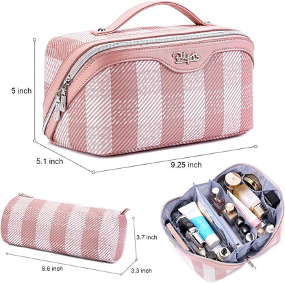 Travel Makeup Bag Organizer Cosmetic Bag: 3 Pcs Set Make up Bags for Women with Handle - Waterproof Vegan Leather Toiletry Bags Travel Essentials Pouch with Compartments (F-03-Pink)