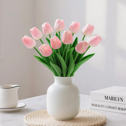 20 Pcs Pink Tulips Artificial Flowers 13" Fake Pink Tulips Real Touch PU Faux Tulip Bouquet for Mother's Day Floral Arrangement Home Kitchen Table Wedding Decorations