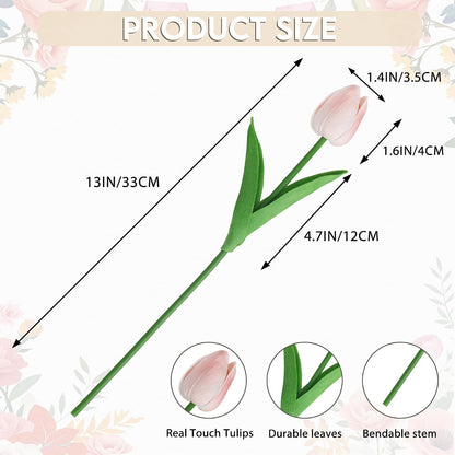 20 Pcs Pink Tulips Artificial Flowers 13" Fake Pink Tulips Real Touch PU Faux Tulip Bouquet for Mother's Day Floral Arrangement Home Kitchen Table Wedding Decorations