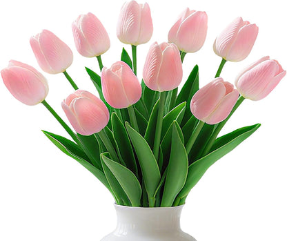 20 Pcs Pink Tulips Artificial Flowers 13" Fake Pink Tulips Real Touch PU Faux Tulip Bouquet for Mother's Day Floral Arrangement Home Kitchen Table Wedding Decorations