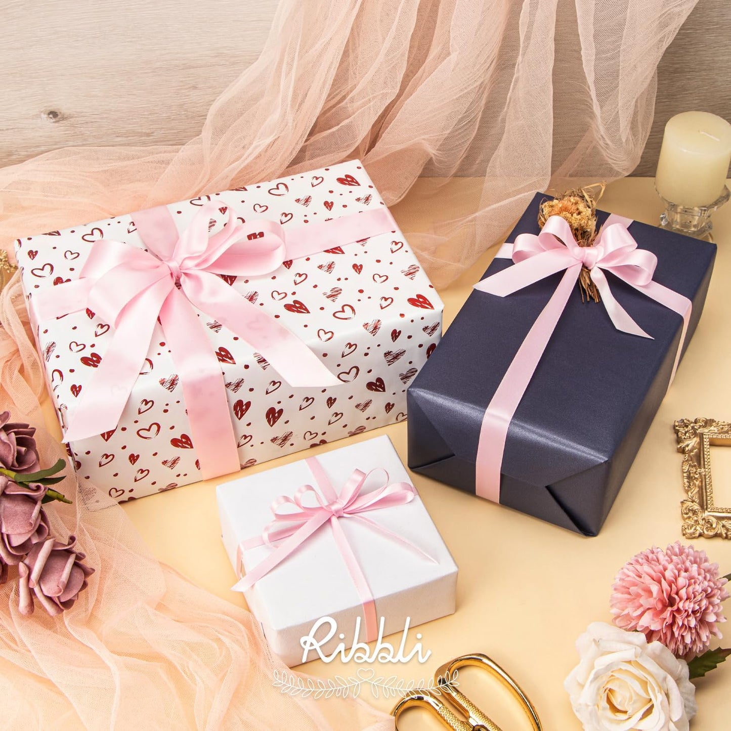 3 Rolls Double Faced Solid Satin Light Pink Craft Ribbon,Total 30 Yards,(1/4 Inch x 10-Yard,5/8 Inch x 10-Yard,1 Inch x 10-Yard),Use for Bows Bouquet,Gift Wrapping,Baby Shower