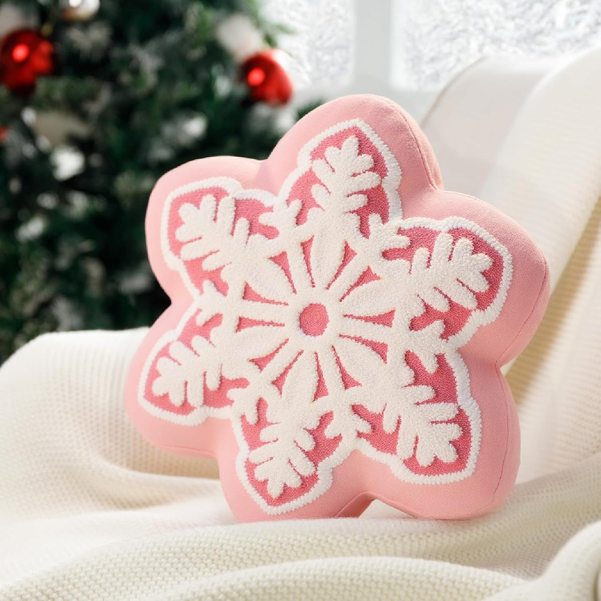 Merry Christmas Snowflake Shaped Throw Pillow, Velvet Xmas Embroidered Snowflake Pillow Decorative Christmas Cushion Pillow for Couch Living Room Bed, Pink, 16 x 16 inches