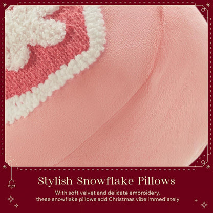 Merry Christmas Snowflake Shaped Throw Pillow, Velvet Xmas Embroidered Snowflake Pillow Decorative Christmas Cushion Pillow for Couch Living Room Bed, Pink, 16 x 16 inches