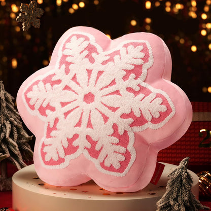 Merry Christmas Snowflake Shaped Throw Pillow, Velvet Xmas Embroidered Snowflake Pillow Decorative Christmas Cushion Pillow for Couch Living Room Bed, Pink, 16 x 16 inches