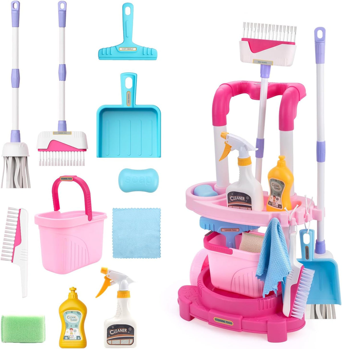 Toddler Cleaning Set, Kids Cleaning Carts Toy Set, Detachable Kids Mop Broom Set for Toddlers - Pretend Play Educational Toy (Pink)