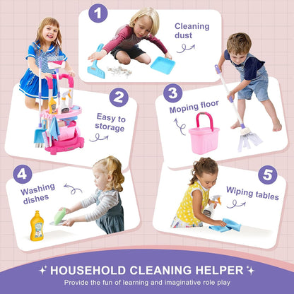 Toddler Cleaning Set, Kids Cleaning Carts Toy Set, Detachable Kids Mop Broom Set for Toddlers - Pretend Play Educational Toy (Pink)