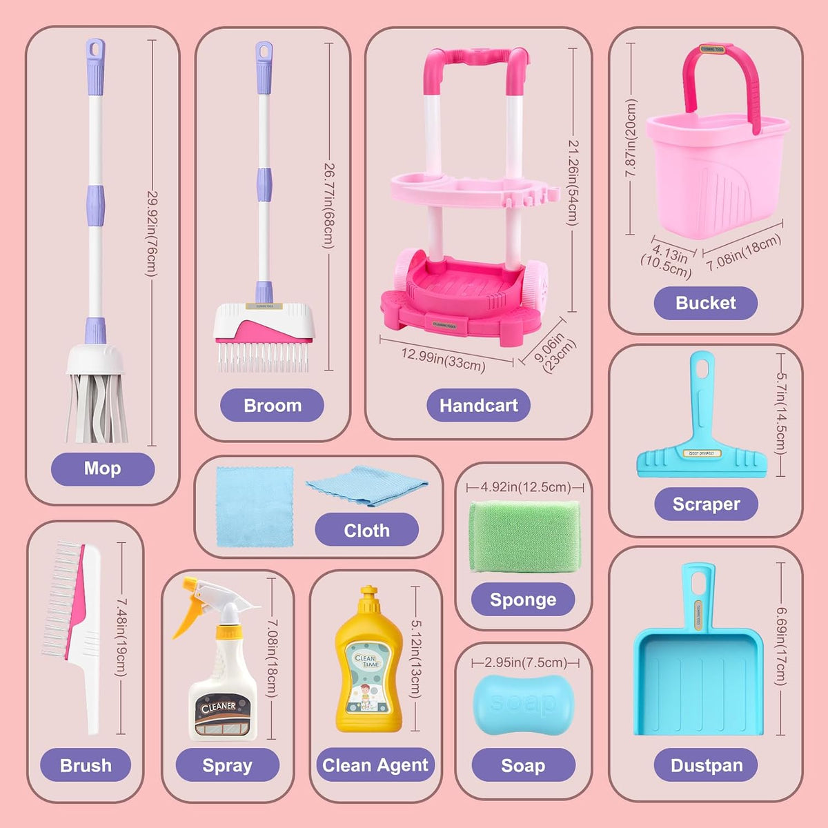 Toddler Cleaning Set, Kids Cleaning Carts Toy Set, Detachable Kids Mop Broom Set for Toddlers - Pretend Play Educational Toy (Pink)