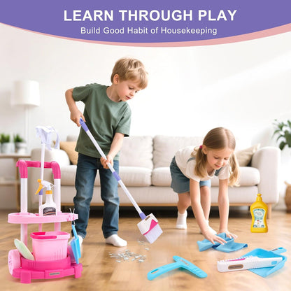 Toddler Cleaning Set, Kids Cleaning Carts Toy Set, Detachable Kids Mop Broom Set for Toddlers - Pretend Play Educational Toy (Pink)