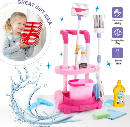 Toddler Cleaning Set, Kids Cleaning Carts Toy Set, Detachable Kids Mop Broom Set for Toddlers - Pretend Play Educational Toy (Pink)
