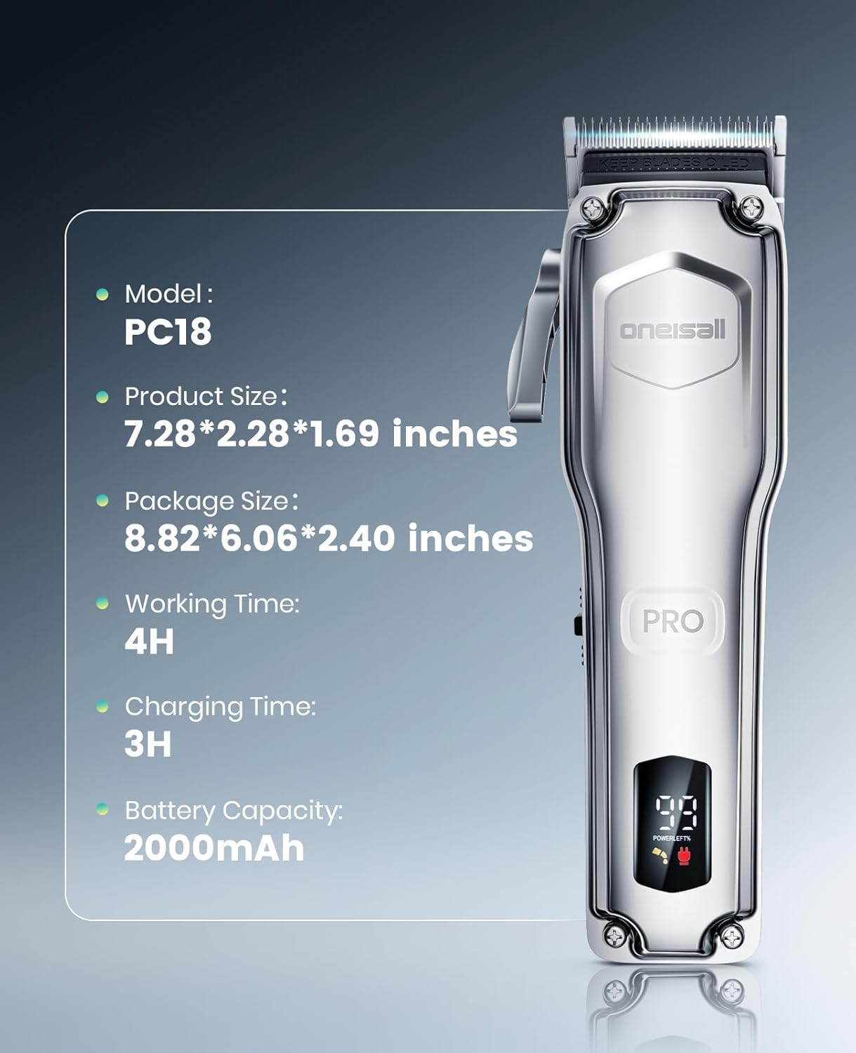 oneisall PC18 Dog Clippers for Grooming for Thick Coat | 6800 RPM High-Speed, Detachable Stainless Steel Blades,4 hours of battery life, Dog Shaver for Thick/Matted/Knotted/Hair