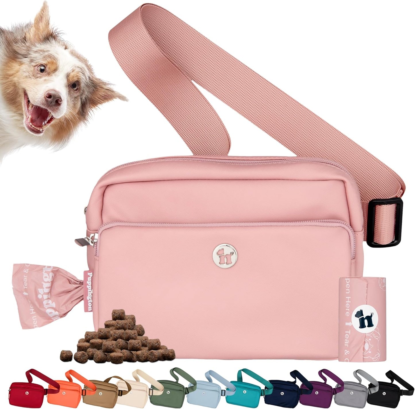3-in-1 Crossbody Dog Walking Bag & Treat Pouch with Matching Planet Safe Poop Bags & Built-In Dispenser - Zippered Pockets (Blush Pink)