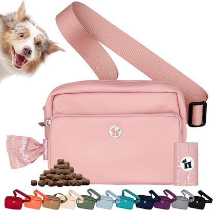 3-in-1 Crossbody Dog Walking Bag & Treat Pouch with Matching Planet Safe Poop Bags & Built-In Dispenser - Zippered Pockets (Blush Pink)