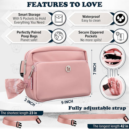 3-in-1 Crossbody Dog Walking Bag & Treat Pouch with Matching Planet Safe Poop Bags & Built-In Dispenser - Zippered Pockets (Blush Pink)