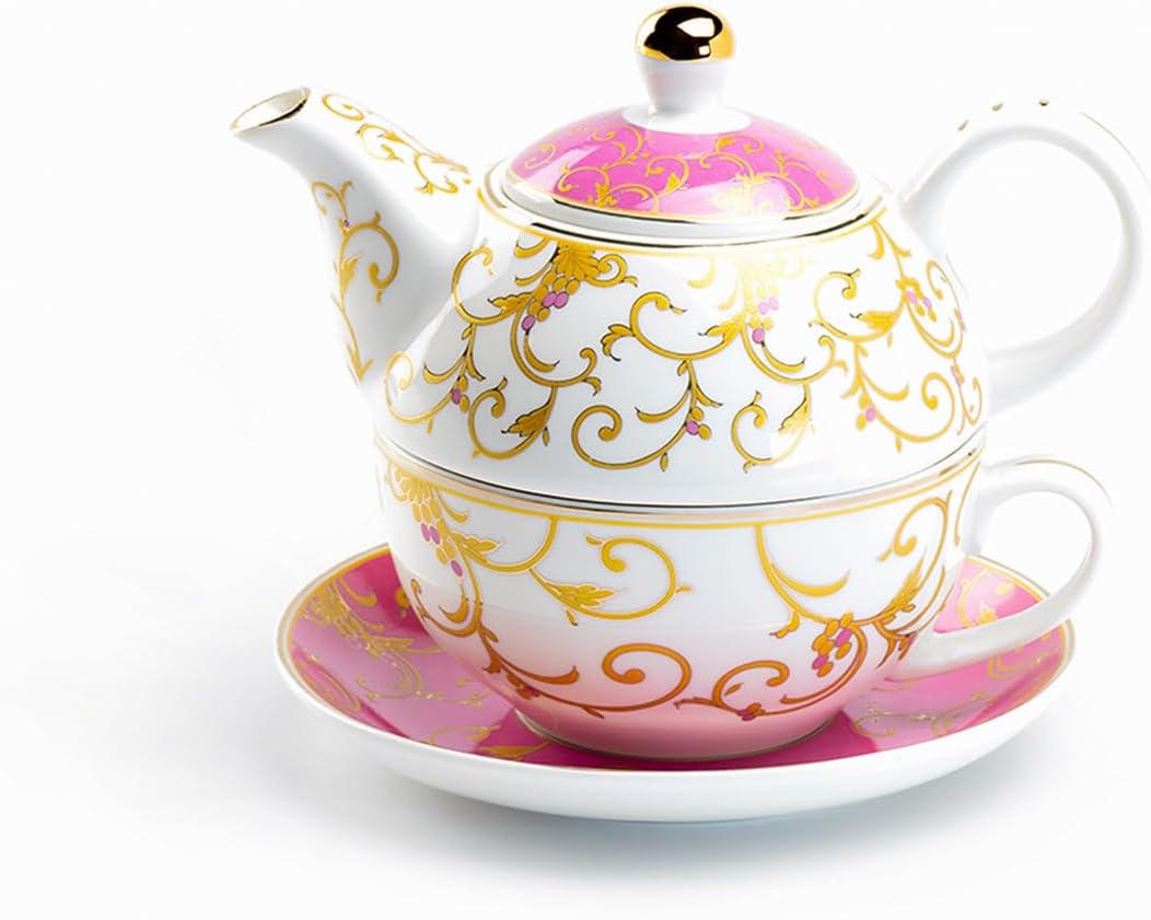Grace Teaware Gold Scroll Fine Porcelain Tea For One Set (Pink), Regular
