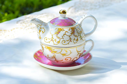 Grace Teaware Gold Scroll Fine Porcelain Tea For One Set (Pink), Regular