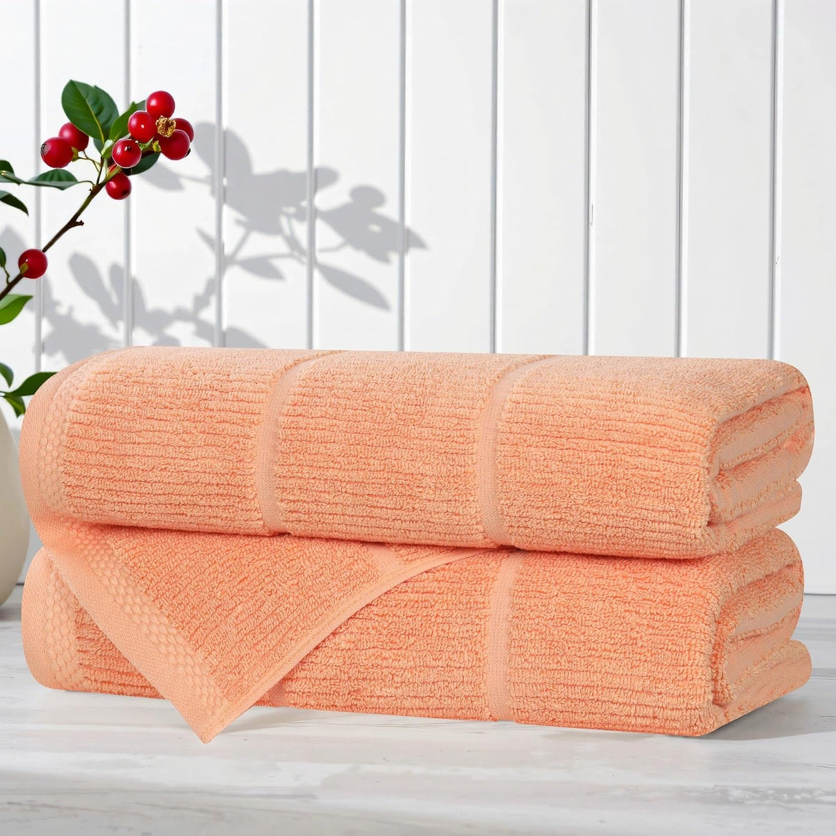 Ultra Soft Quick Dry Absorbent Cotton Blend Towel Set for Bathroom, Bath Essentials, Ribbed Design Milo Towel, Bath Towels, Set of 2, Peach