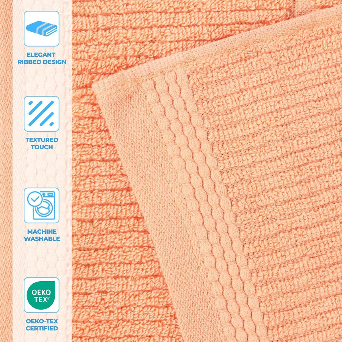 Ultra Soft Quick Dry Absorbent Cotton Blend Towel Set for Bathroom, Bath Essentials, Ribbed Design Milo Towel, Bath Towels, Set of 2, Peach
