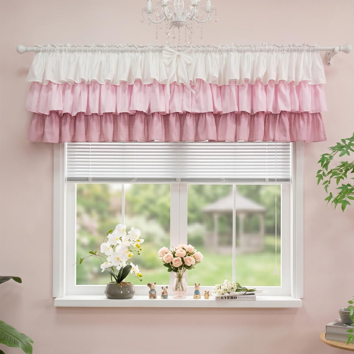 Ruffled Valance Farmhouse for Small Window White Pink Ombre 52W x 18L 1PC