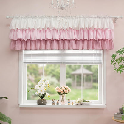 Ruffled Valance Farmhouse for Small Window White Pink Ombre 52W x 18L 1PC