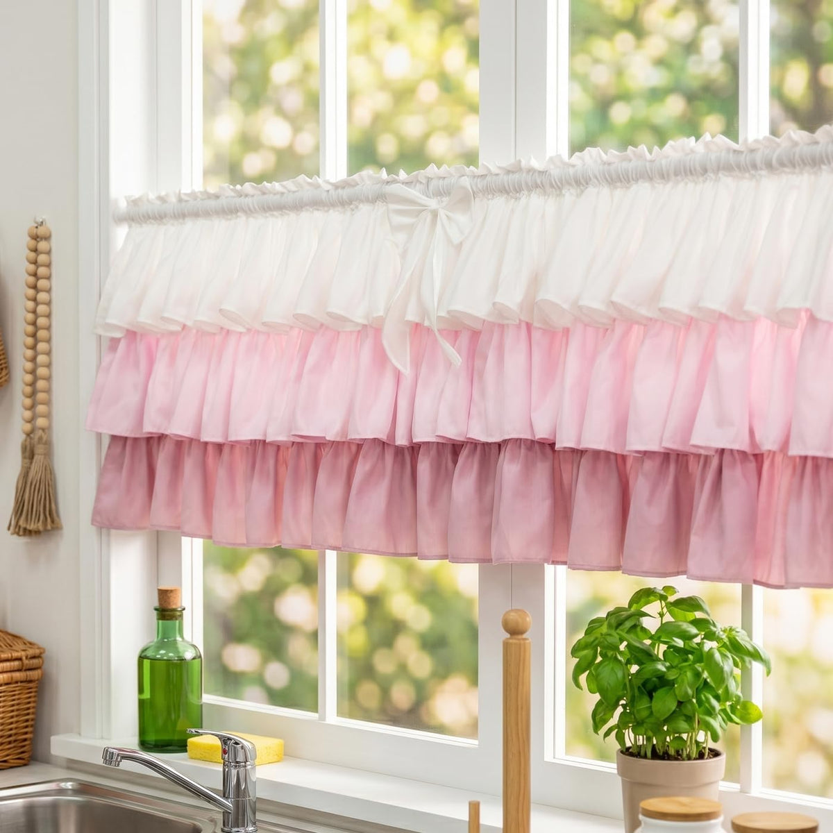 Ruffled Valance Farmhouse for Small Window White Pink Ombre 52W x 18L 1PC