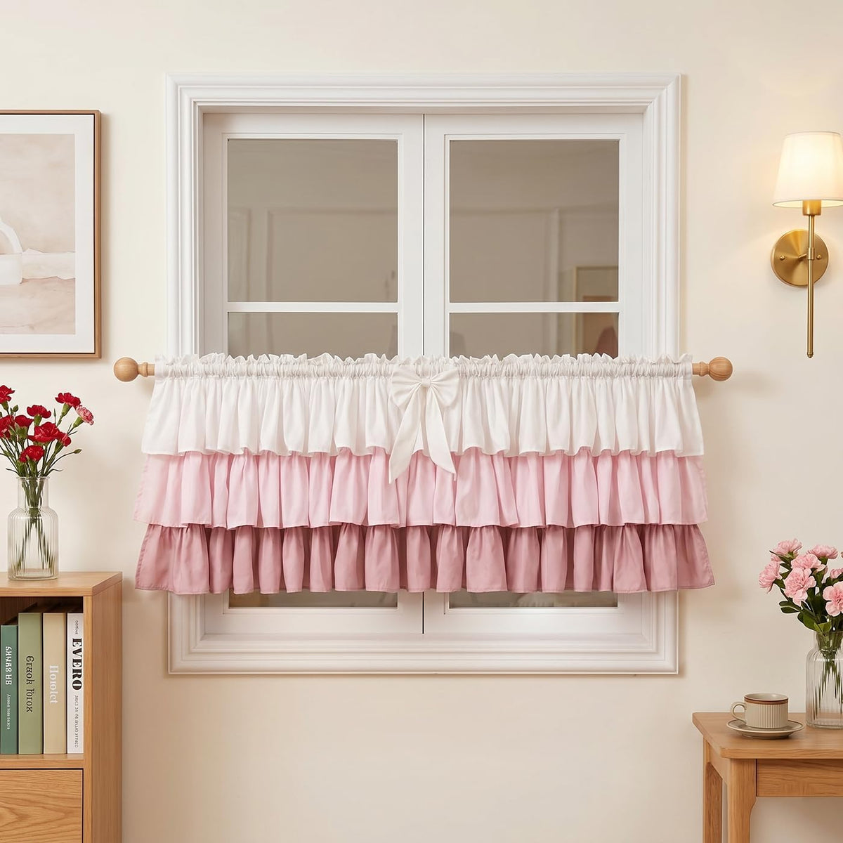 Ruffled Valance Farmhouse for Small Window White Pink Ombre 52W x 18L 1PC