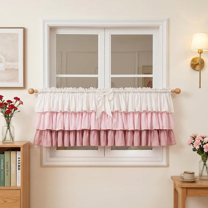 Ruffled Valance Farmhouse for Small Window White Pink Ombre 52W x 18L 1PC
