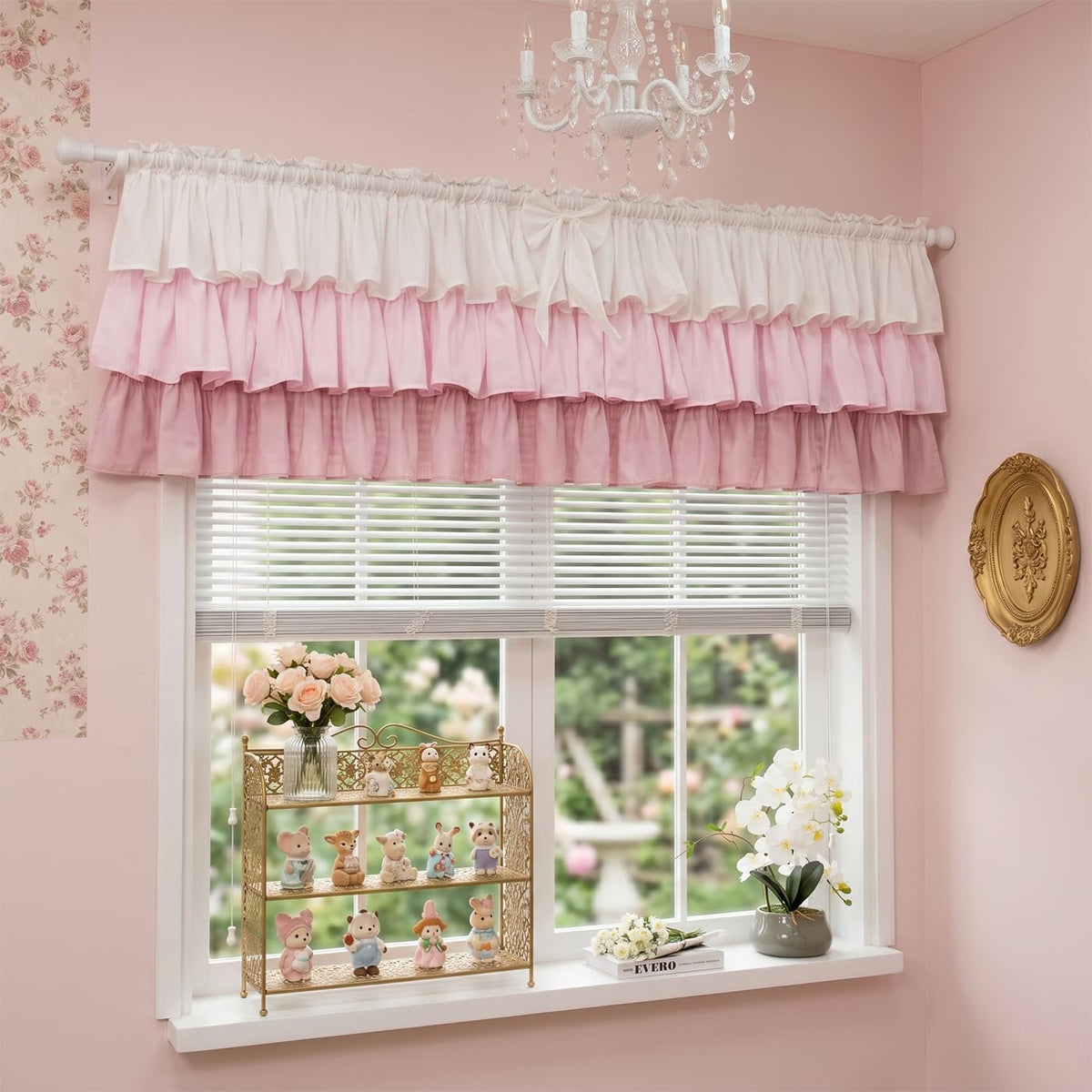 Ruffled Valance Farmhouse for Small Window White Pink Ombre 52W x 18L 1PC