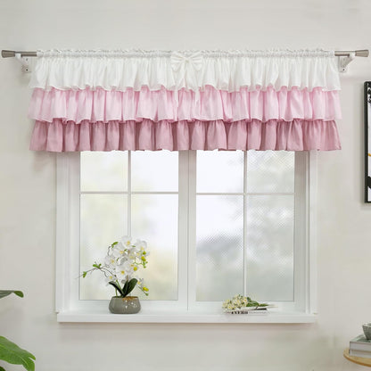 Ruffled Valance Farmhouse for Small Window White Pink Ombre 52W x 18L 1PC
