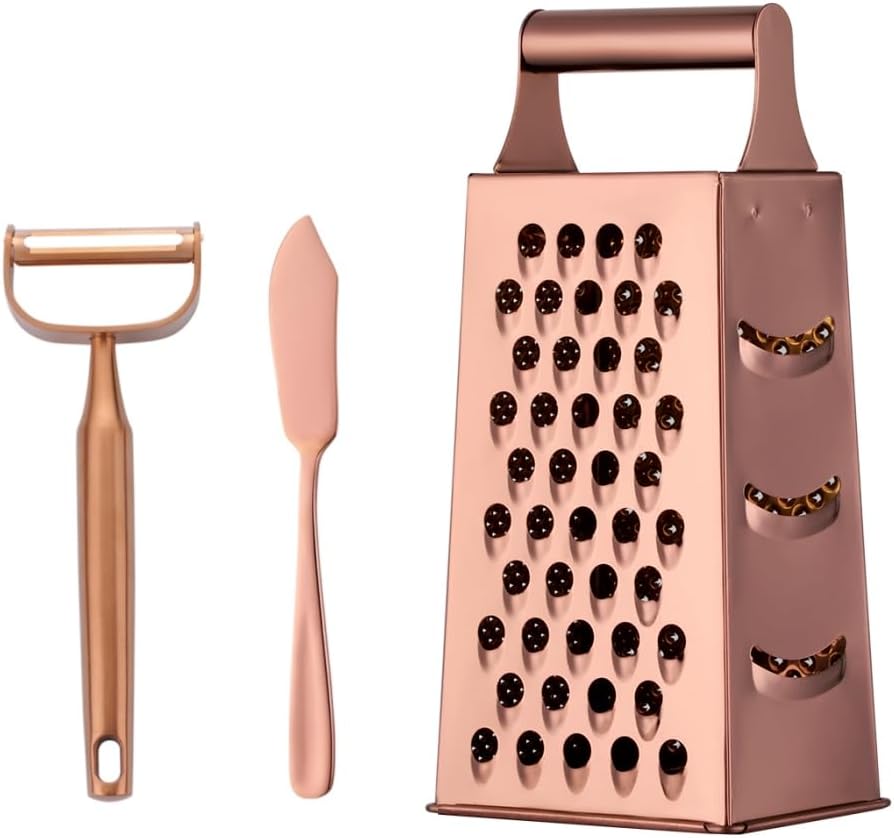 4 Sides Box Grater For Kitchen,Stainless Steel Cheese Grater With Handle,Multi-Function Vegetable Slicer Food Shredder For Chees,Ginger,Vegetables,Rose Gold